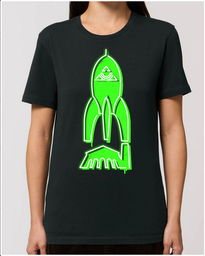 person wearing a black T-Shirt with a neon green fairydust rocket on top of a mildenberg tent