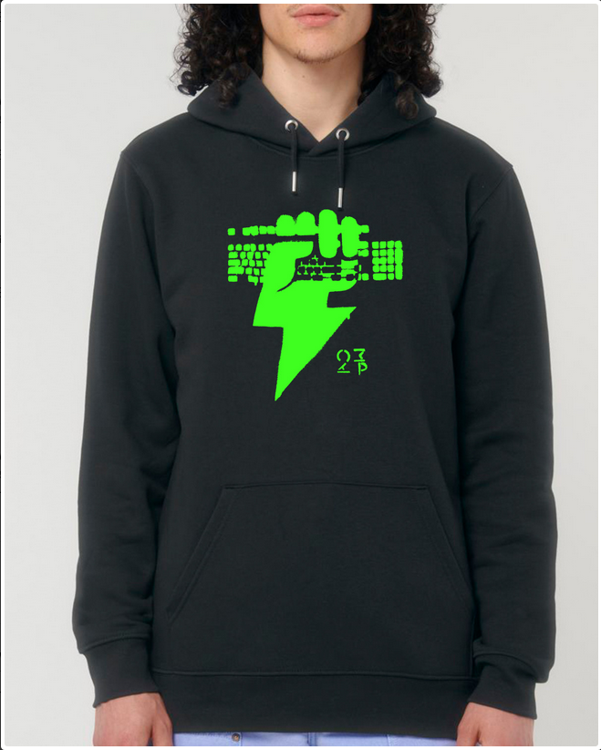 person wearing a black Hoodie with a neon green fist in style of lightning holding a keyboard