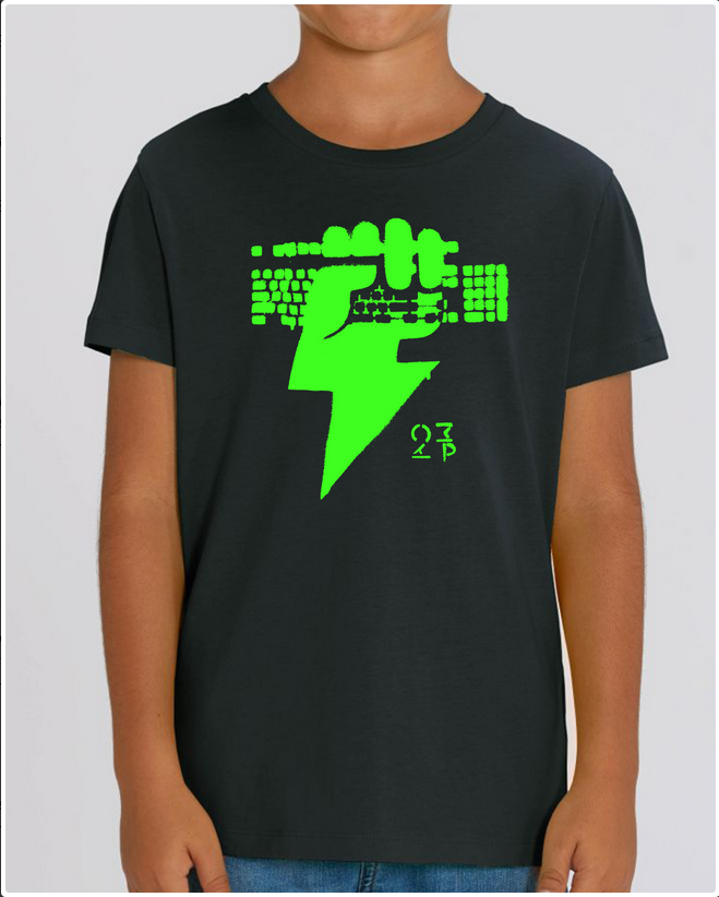 child wearing a black t-shirt with a neon green fist in style of lightning holding a keyboard